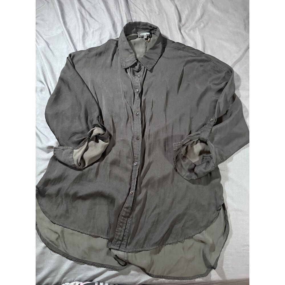 Comme USA Black High-Low Hem Button Down Blouse Roll Tab Sleeve Lg